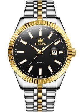 Olevs Men's Silver Gold Luxury Stainless Black Face Analog Quartz Luminous Watch